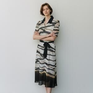 DKNY Women Midi Dress Size 8 Abstract Print Tie Waist Sheer Overlay NWT